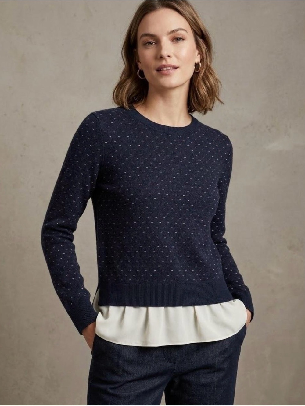 Club Monaco Ryta Extra Fine Merino Wool Layered Navy & Ivory Knit Sweater Small